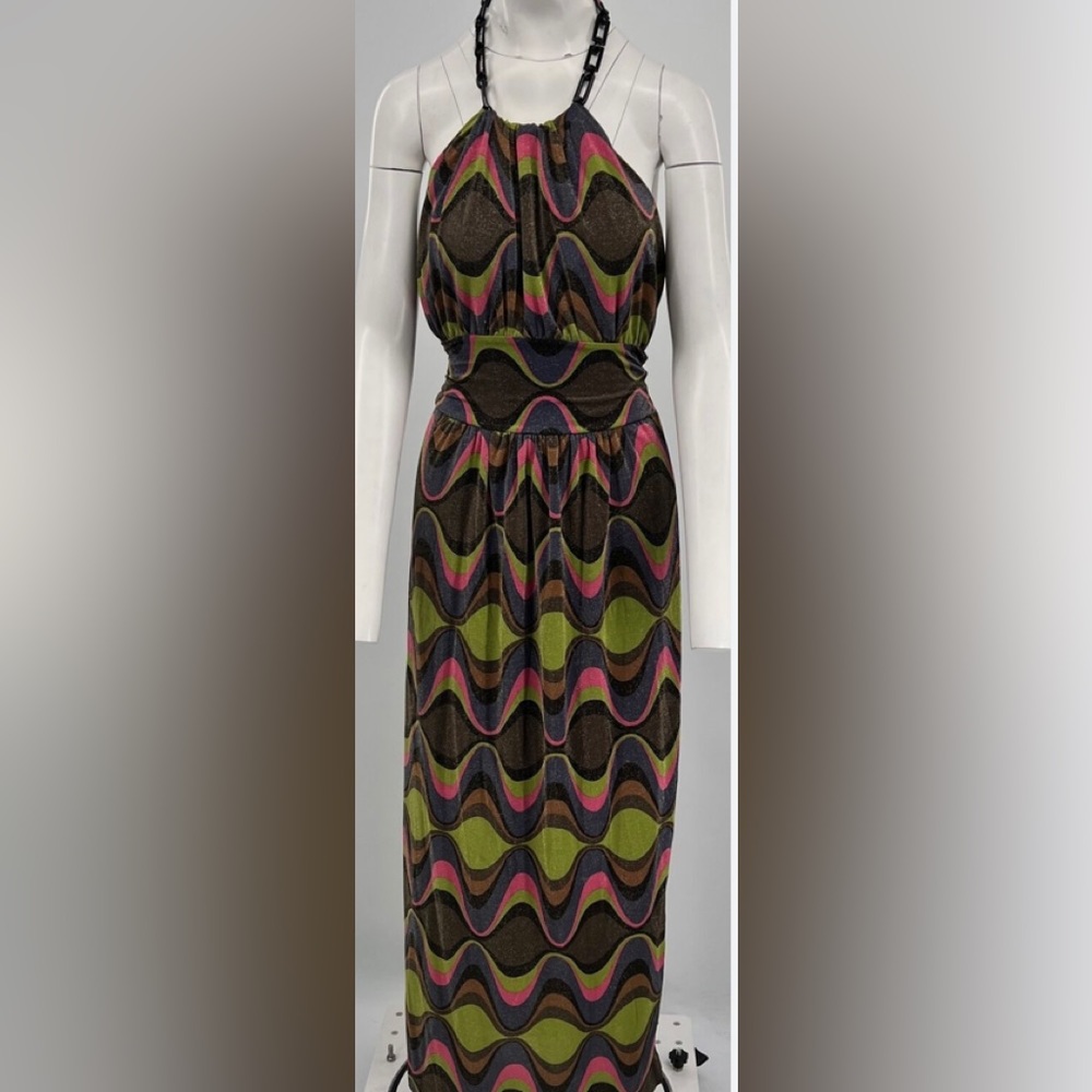 M Missoni Maxi Multicolor Swirl Print Square Link Halter Neck Maxi Dress